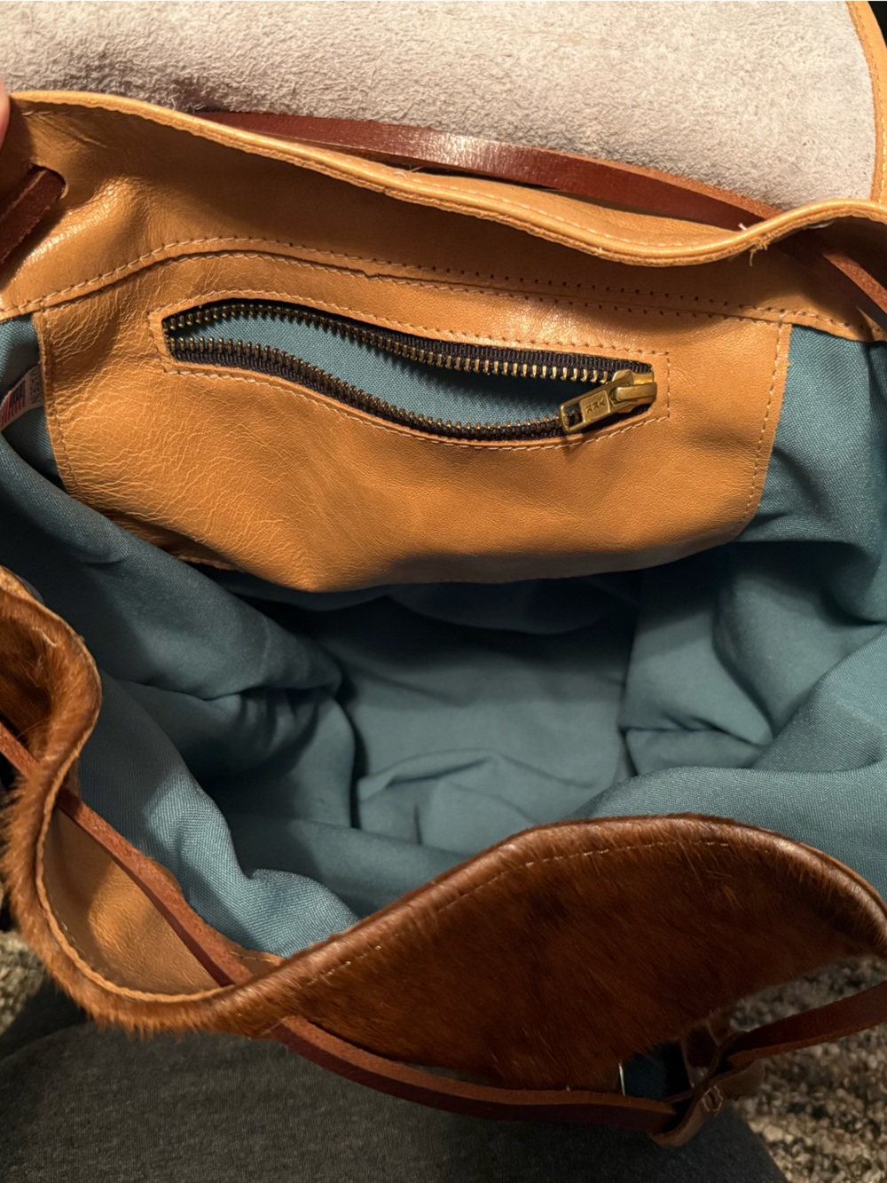 Fringe Cowhide Leather Backpack - Tan and White - Picture 2 of 2